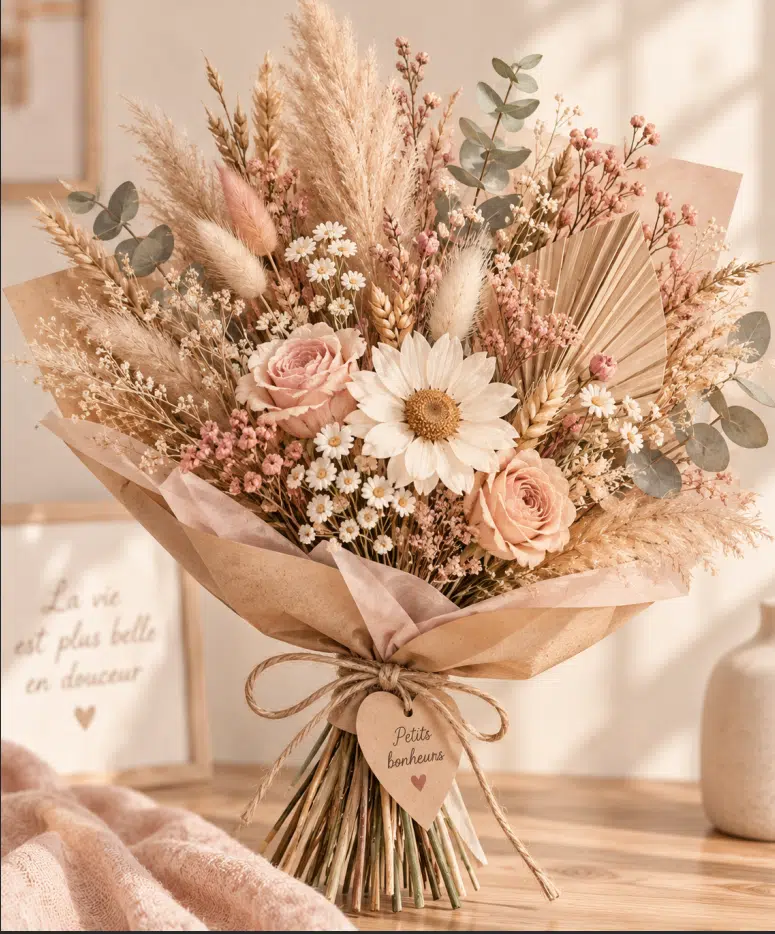 Bouquet de fleurs séchées, roses et marguerites, emballé dans du papier kraft et de la ficelle, décoration naturelle.