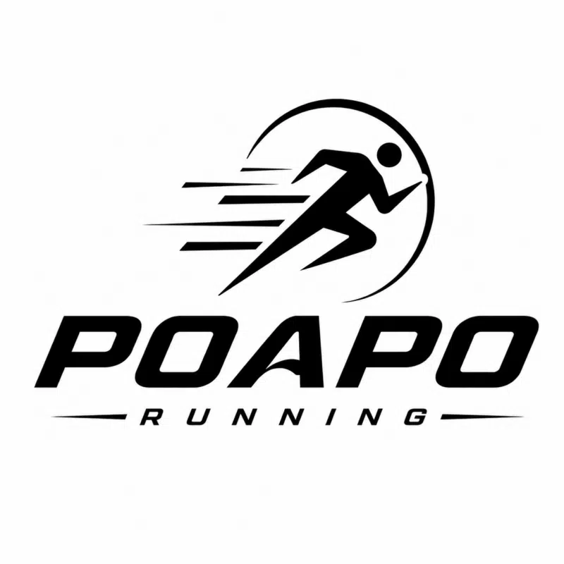 Logo de POAPO RUNNING représentant une silhouette en train de courir, des lignes de vitesse et un texte en gras en dessous.