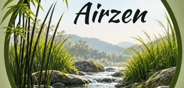 Un ruisseau serpente entre des rochers et de l’herbe verte ; « Airzen » est écrit en noir au-dessus.