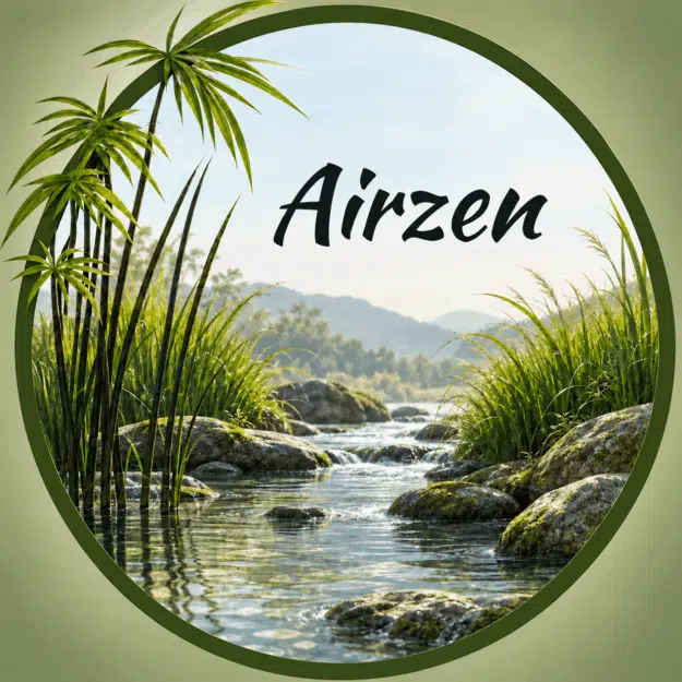 Un ruisseau paisible avec de l'herbe, des rochers, des collines au loin et le mot « Airzen » inscrit au-dessus de l'eau.