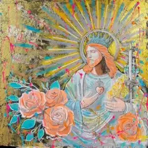 Jésus, couronné, entouré de roses et de rayons dorés, tient un cœur parsemé de touches de peinture colorées.