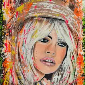 Peinture abstraite colorée représentant une femme blonde aux yeux bleus, coiffée d'un chapeau, sur un fond aux couleurs vives, art moderne.
