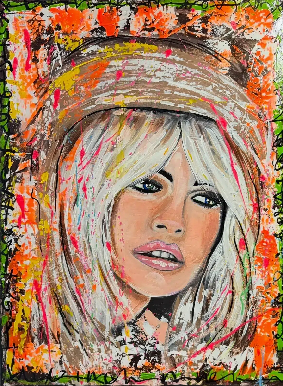 Portrait de Brigitte Bardot – Tableau pop art 1 Peinture abstraite colorée représentant une femme blonde aux yeux bleus, coiffée d'un chapeau, sur un fond aux couleurs vives, art moderne.