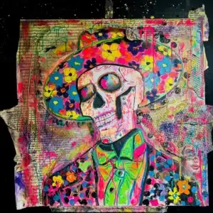 Squelette coloré vêtu d'un costume et d'un chapeau fleuris, peint sur un fond texturé, technique mixte, décoration murale.