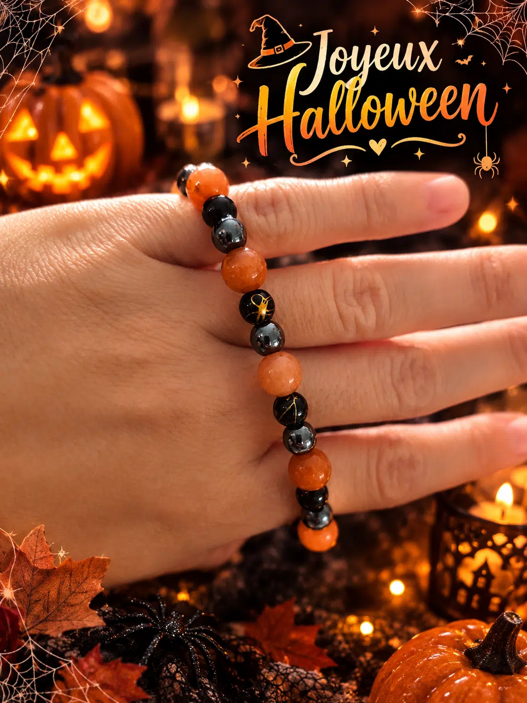Bracelet Halloween 2 Bracelet composé de perles orange et noires, orné d'un motif en forme de toile d'araignée, porté au poignet.