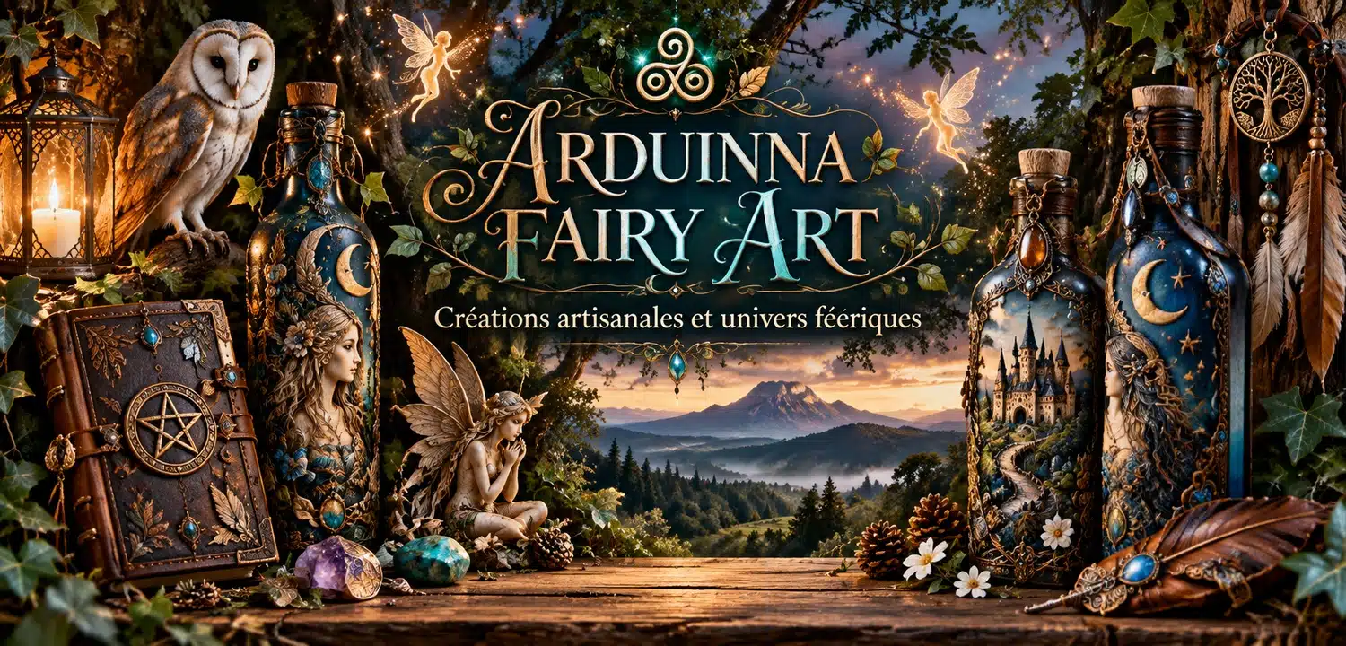 Scène féérique avec des fées, un hibou, des bouteilles, un livre, des cristaux et une forêt ; texte : Arduinna Fairy Art.