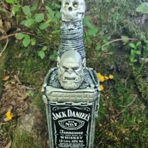 Accueil 15 Une bouteille de Jack Daniels décorée de têtes de mort, posée à l'extérieur sur des plantes et de la mousse.