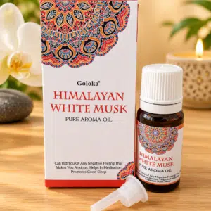 Flacon d'huile aromatique Goloka Himalayan White Musk et son coffret décoré sur bois.