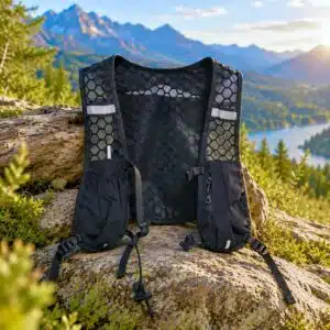 Gilet de randonnée en maille noire posé sur un rocher, avec en arrière-plan des montagnes, une forêt et un lac au coucher du soleil.