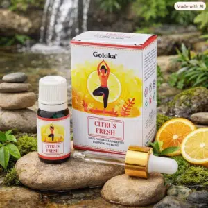 Accueil 11 Huile essentielle Goloka Citrus Fresh, flacon avec compte-gouttes posé sur des pierres près de l'eau.
