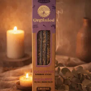 Accueil 11 Coffret d'encens à l'eucalyptus Ullas Orgánico sur bois, avec bougies et feuilles séchées, produits naturels.