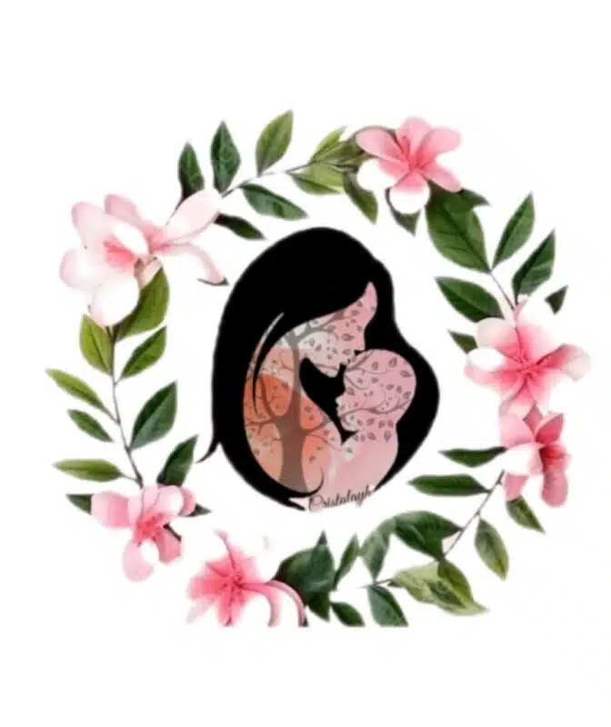 Silhouette d'une mère tenant son bébé, entourée d'une couronne de fleurs roses et de feuilles.