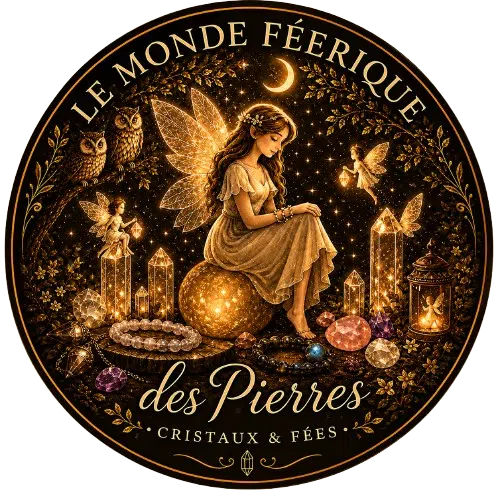 Logo circulaire : une fée assise sur un globe lumineux, entourée de cristaux et de chouettes.