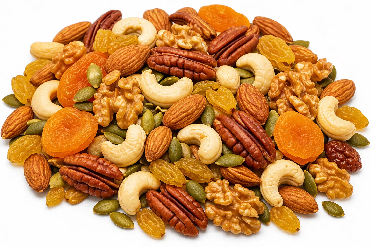 ÉNERGIE ROYALE — Mélange Premium 500g 1 Mélange de noix, de graines de courge, de raisins secs et d'abricots secs, disposés en tas.
