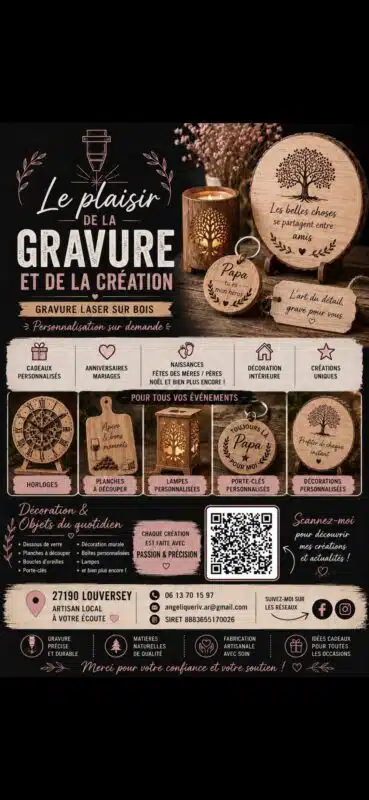 Affiche publicitaire pour des cadeaux et des décorations en bois personnalisés, gravés au laser, avec coordonnées.