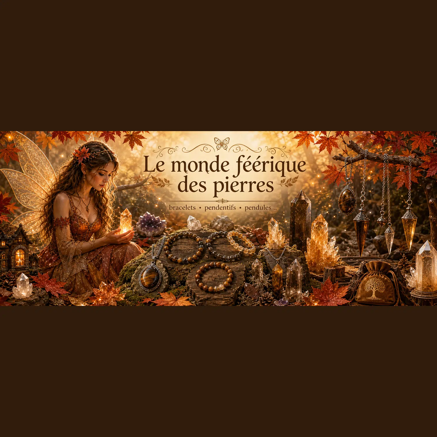 Une fée entourée de cristaux, de bracelets et de pendules, accompagnée de l'inscription Le monde féérique des pierres.