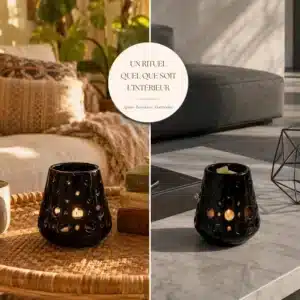 Accueil 9 Un brûleur de parfum en céramique noire avec une bougie allumée dans deux salons.