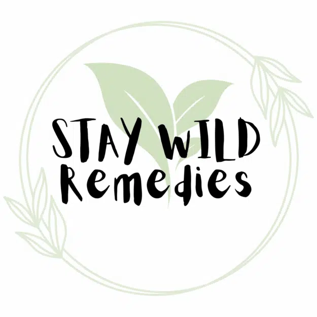Logo Stay Wild Remedies : texte en caractères noirs à l'intérieur d'un cercle botanique vert clair.