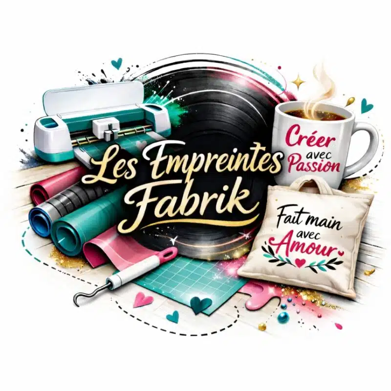 Logo Les Empreintes Fabrik : machine de découpe, vinyles, mugs et coussins personnalisés.