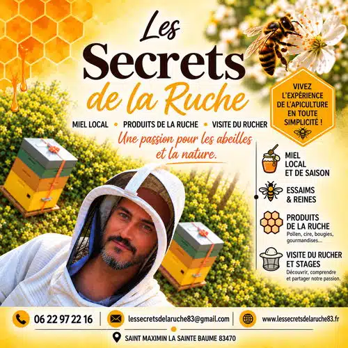Apiculteur en tenue de protection près des ruches, publicité pour le miel Les Secrets de la Ruche.