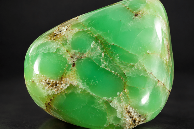 Pierre minérale en chrysoprase polie, striée de blanc et de brun, posée sur un fond sombre.